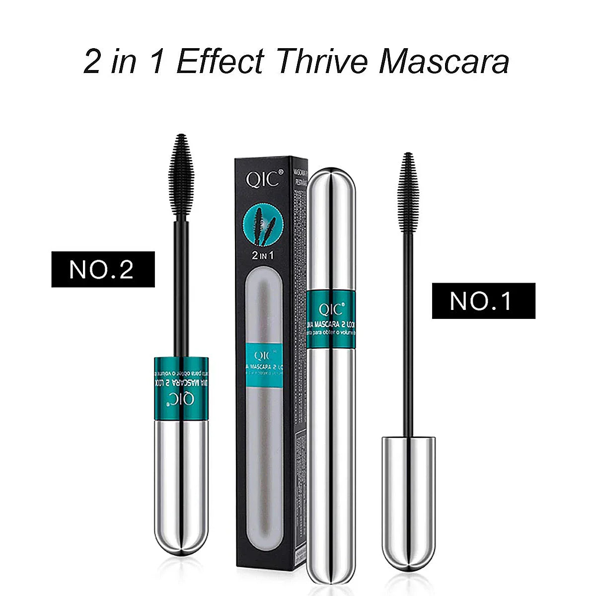 Double In-One Silk Fiber Mascara with waterproof, volumizing, lengthening formula and precision wand.