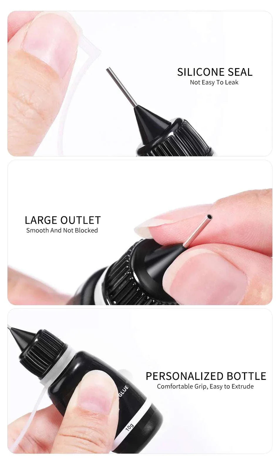 BORN PRETTY 10g Gel Nail Glue with silicone seal, large outlet, and ergonomic bottle for strong, precise rhinestone adhesion