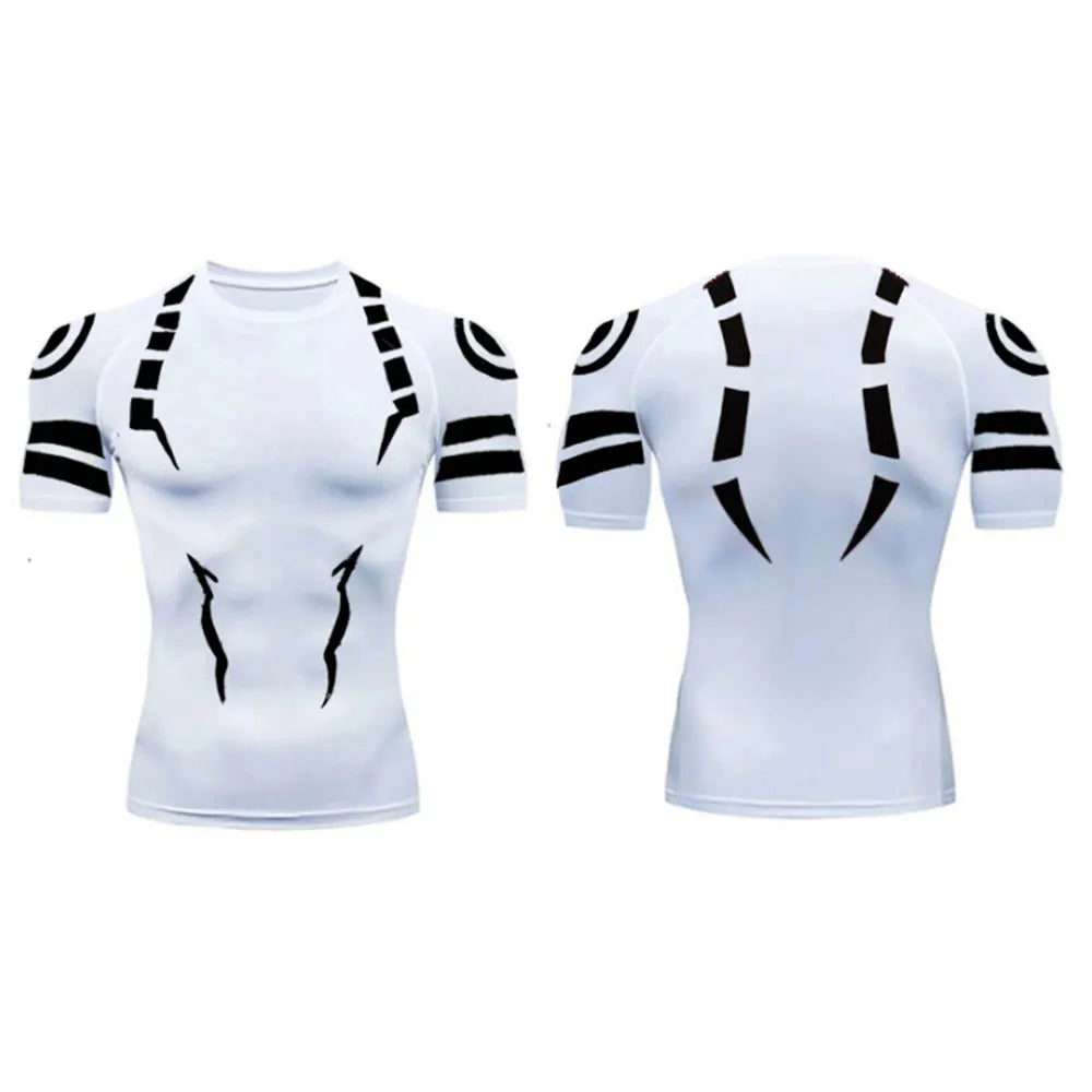 Anime Jujutsu Kaisen Sukuna compression t-shirt with 3D print, breathable fabric, and athletic fit