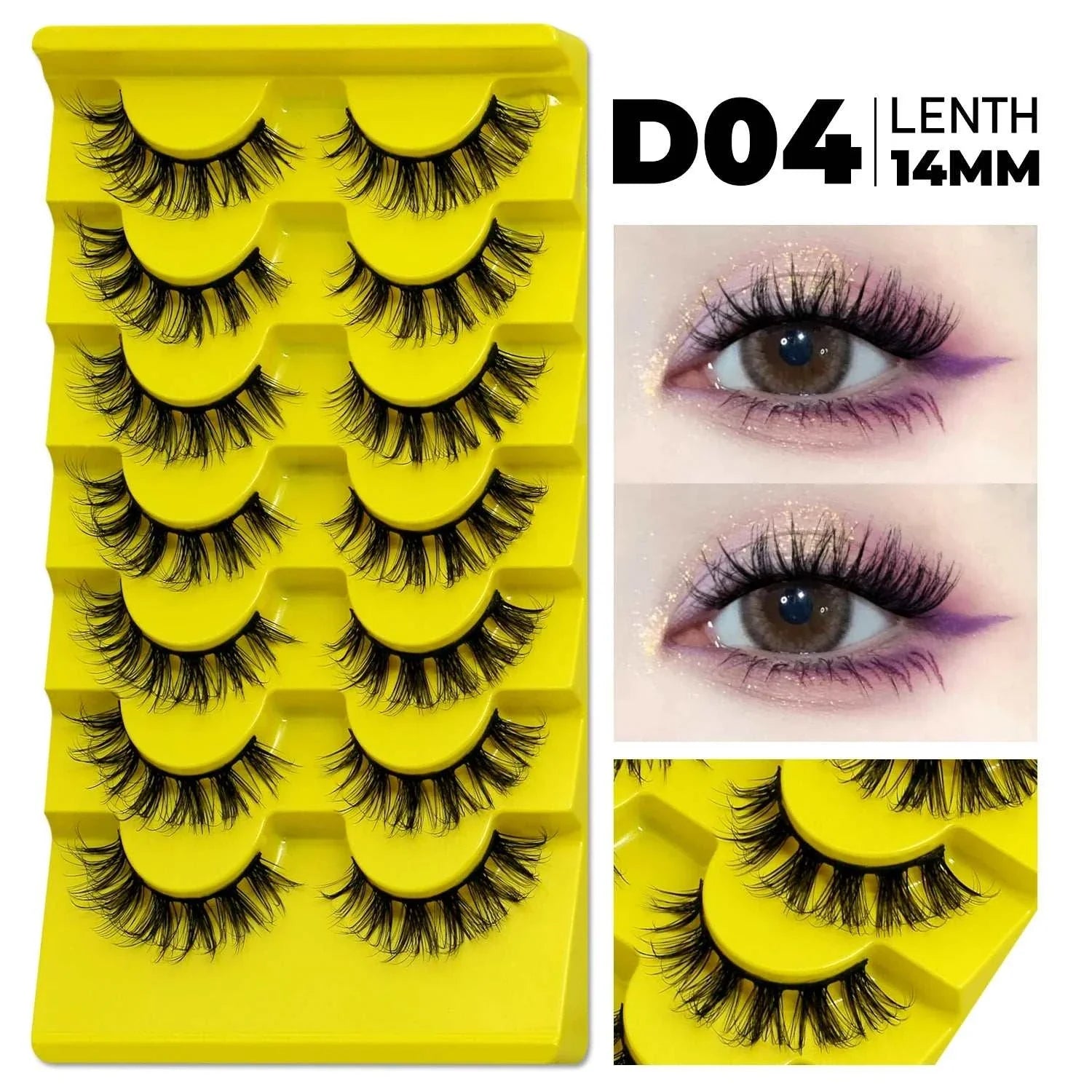 GROINNEYA Cat Eye Lashes 3D faux mink with natural cat eye shape and 14mm length, 5 pairs in yellow tray.