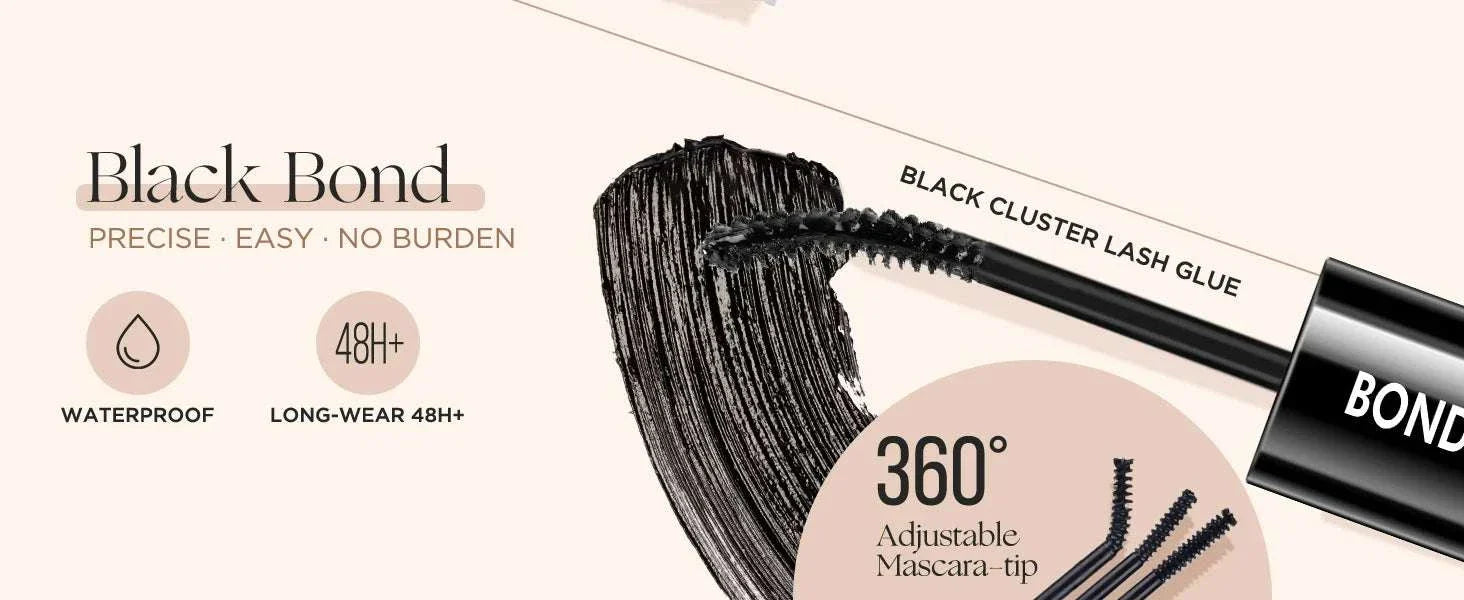 2-in-1 Bond & Seal Lash Glue with dual-ended black cluster lash glue, waterproof, long-lasting hold, and precision mascara tip for effortless lash application.