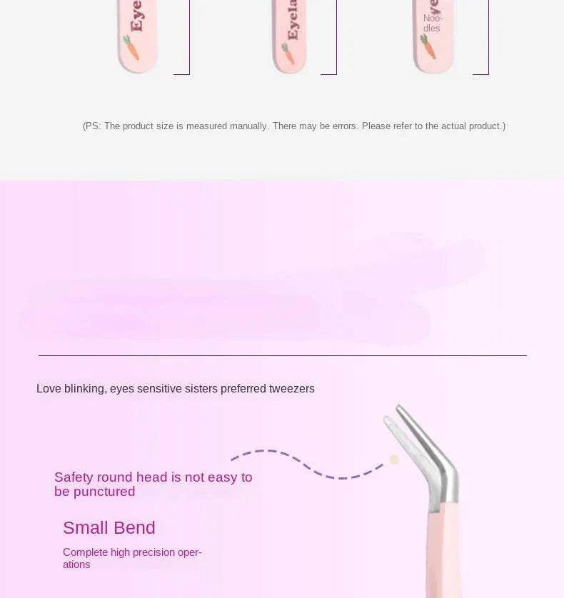 Set of 6 professional-grade false eyelash tweezers in various precision styles with ergonomic pink handles
