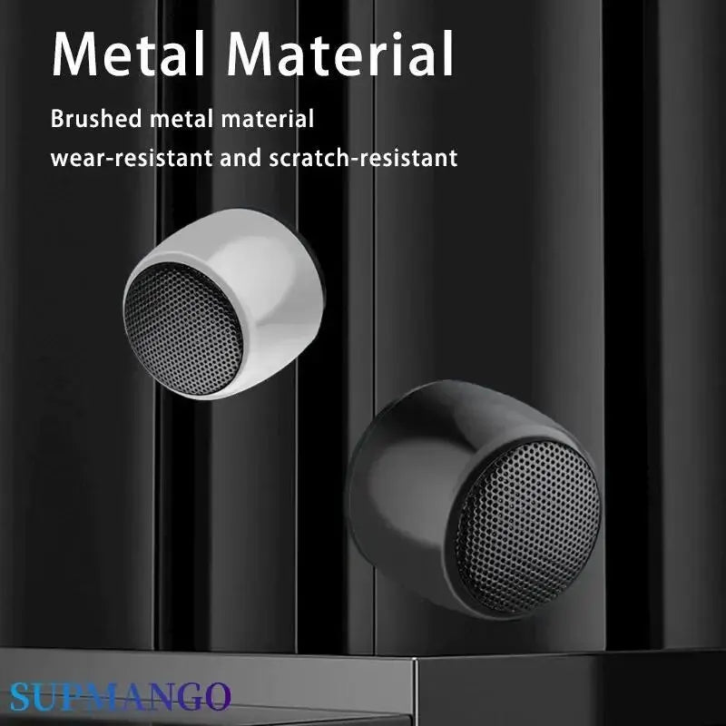M1 Portable Bluetooth Speaker in brushed metal material, compact and durable with 360° stereo surround sound and wireless Bluetooth 5.0 connectivity