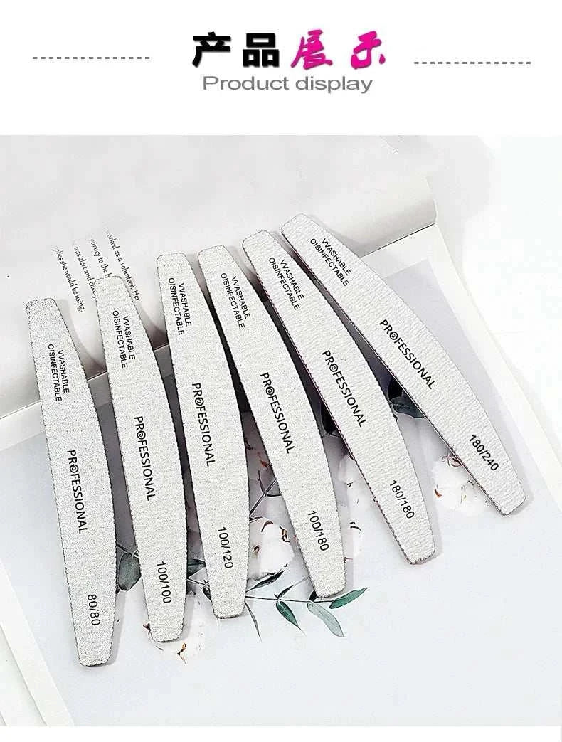 Professional emery nail file set with multiple dual grit buffers for shaping, smoothing, and polishing nails.