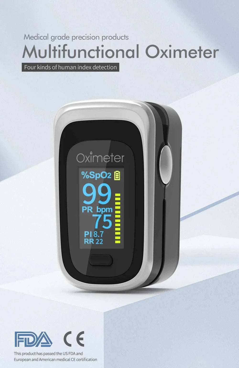 KIUZOU Finger Pulse Oximeter with bright OLED display showing SPO2, pulse rate, PI, and respiratory rate readings compact and portable design