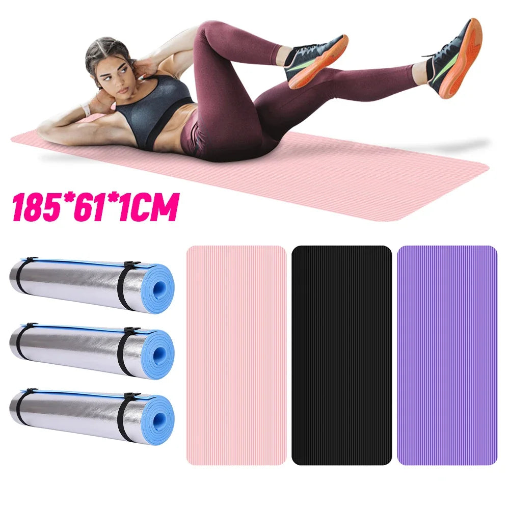 Non-slip yoga mat with thick cushioning, textured surface, anti-tear and sweat-resistant, available in pink, black, and purple colors, portable and easy to clean.