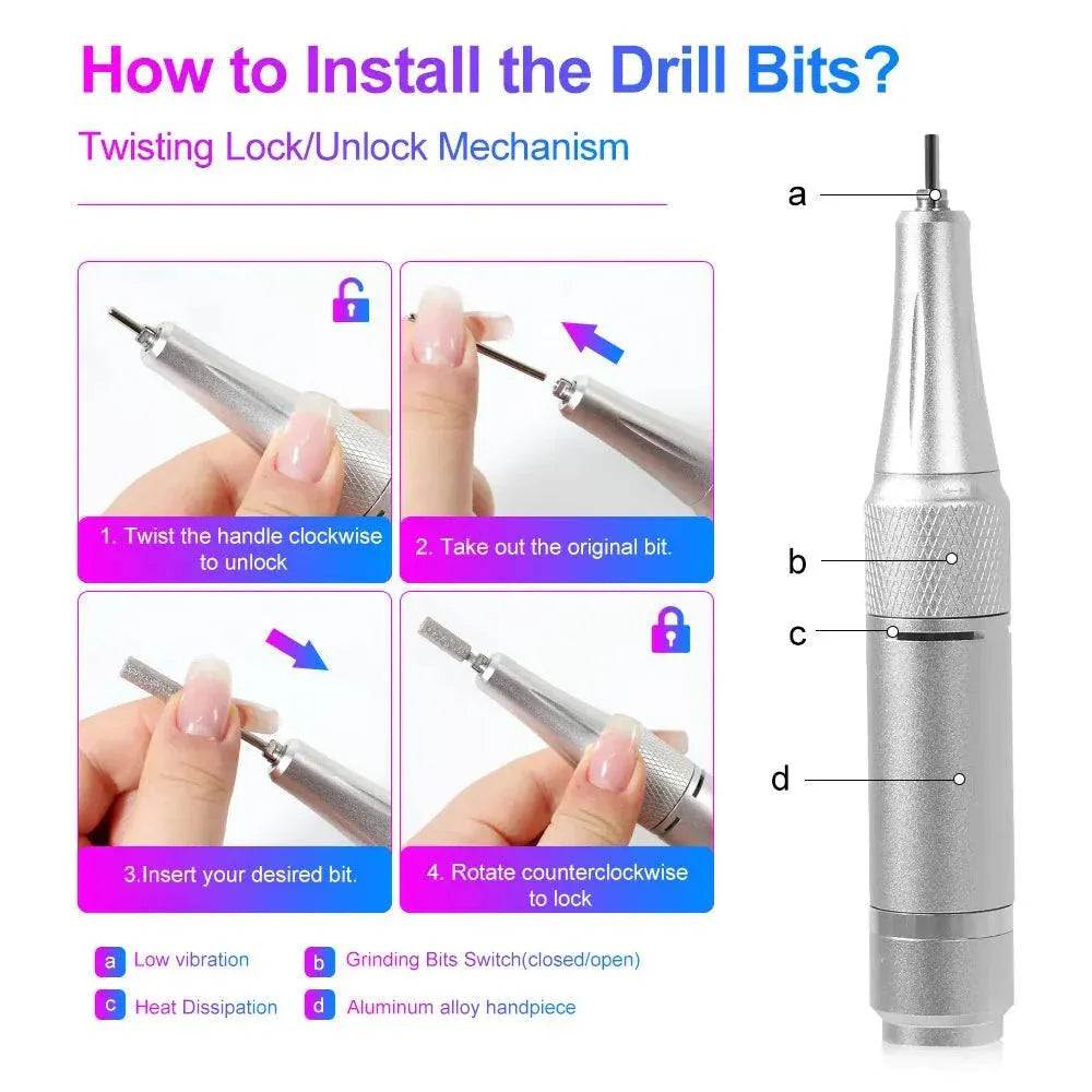 Rechargeable nail drill machine handpiece with twisting lock mechanism for installing drill bits, low vibration, grinding bit switch, heat dissipation, and aluminum alloy design