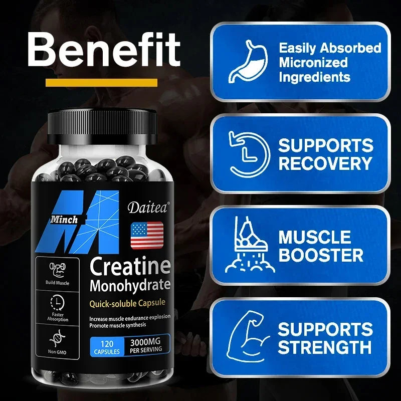 Daitea Creatine 3000 mg Monohydrate muscle booster capsules with quick-soluble, micronized ingredients supporting recovery and strength