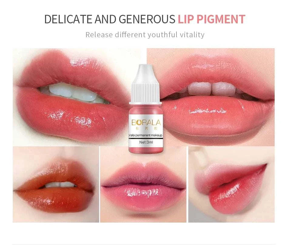 Borala 26 Colors 3ML permanent makeup tattoo pigments for lips with vibrant, glossy shades showing different lip effects