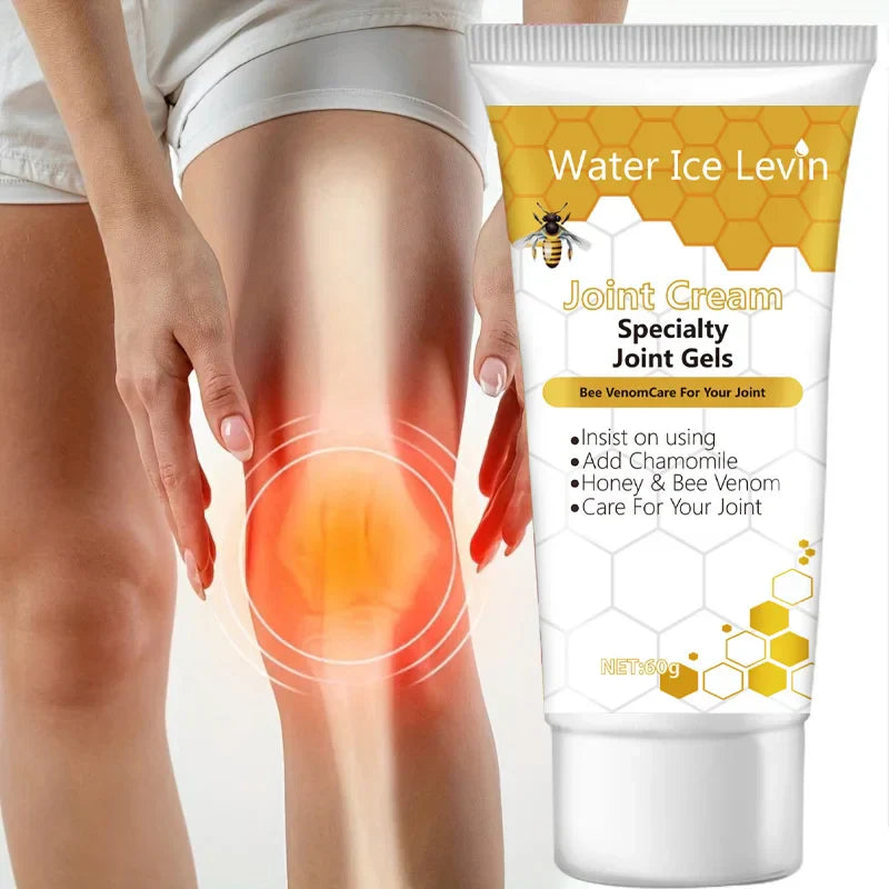 Bee Venom Joint Cream tube with highlighted knee pain relief on woman's leg