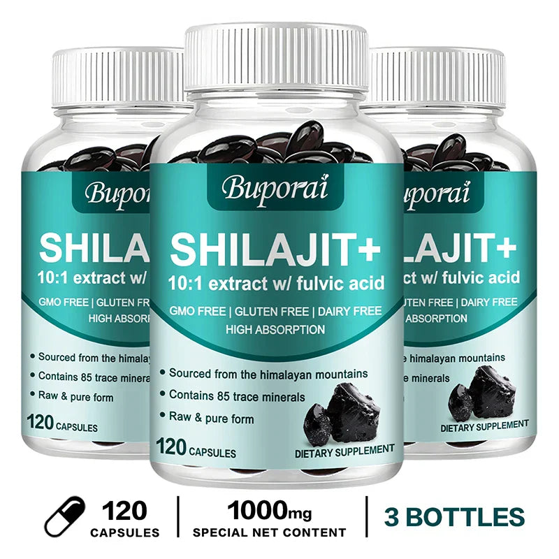 Buporai Shilajit+ dietary supplement with 120 capsules per bottle, 10:1 extract with fulvic acid, supports brain focus, memory, immune health, sourced from Himalayan mountains, gluten-free and non-GMO, 3 bottle pack.