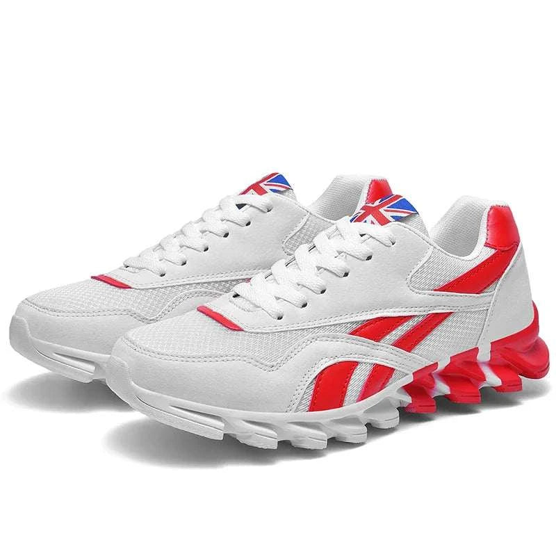 2025 new men's and women's running shoes white with red accents breathable mesh upper anti-slip sole unisex design