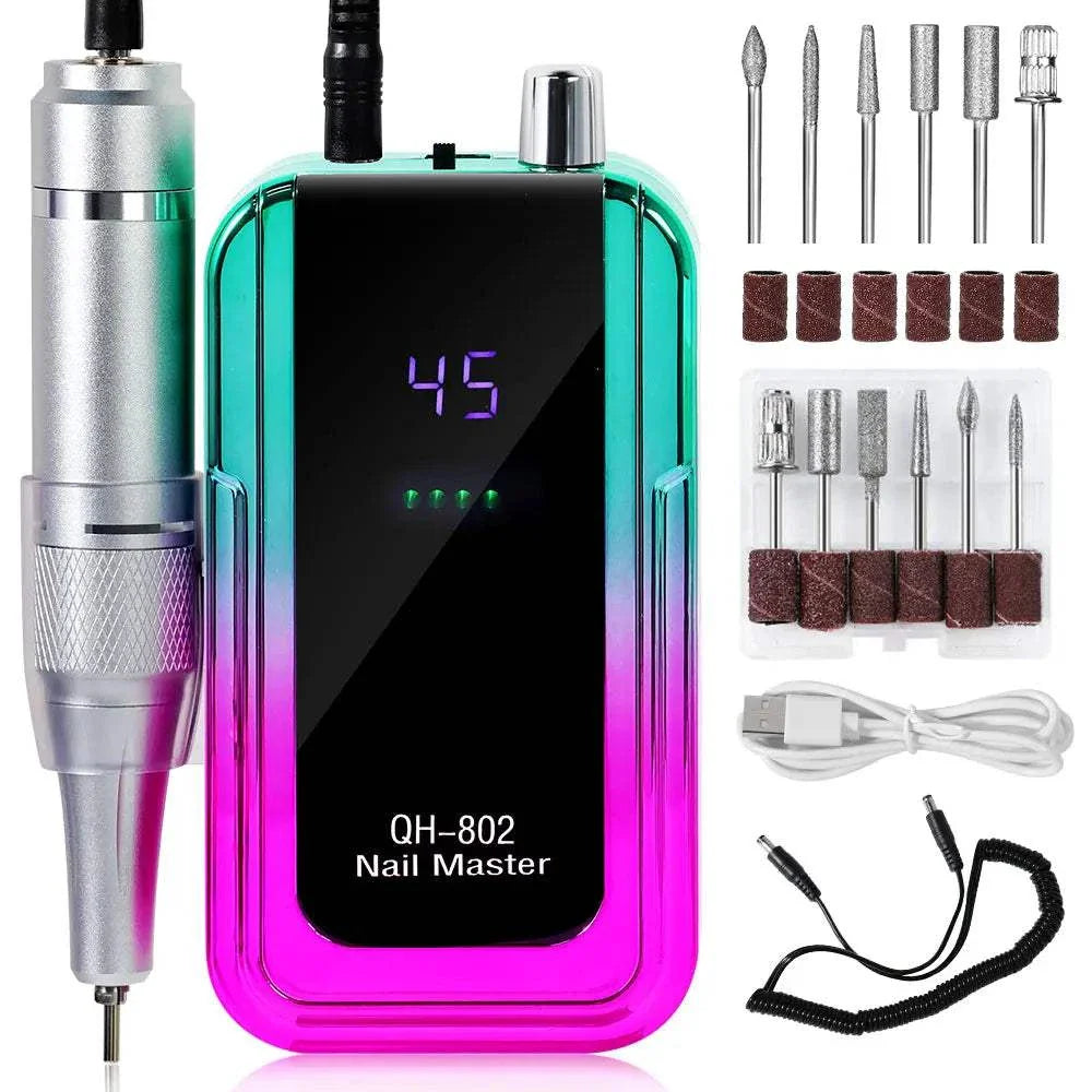 Rechargeable nail drill machine with laser gradient design, digital display, multiple drill bits, sanding bands, and USB charging cable.