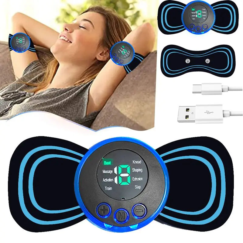 Replacement Patch for Neck Massager showing reusable gel patches with USB charging cable and usage on arms and neck