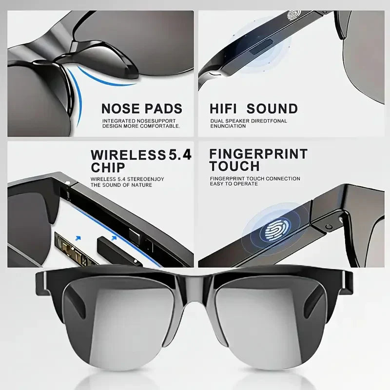 AI Translation Smart Glasses with wireless 5.4 chip, fingerprint touch, hi-fi sound, and integrated nose pads for comfort