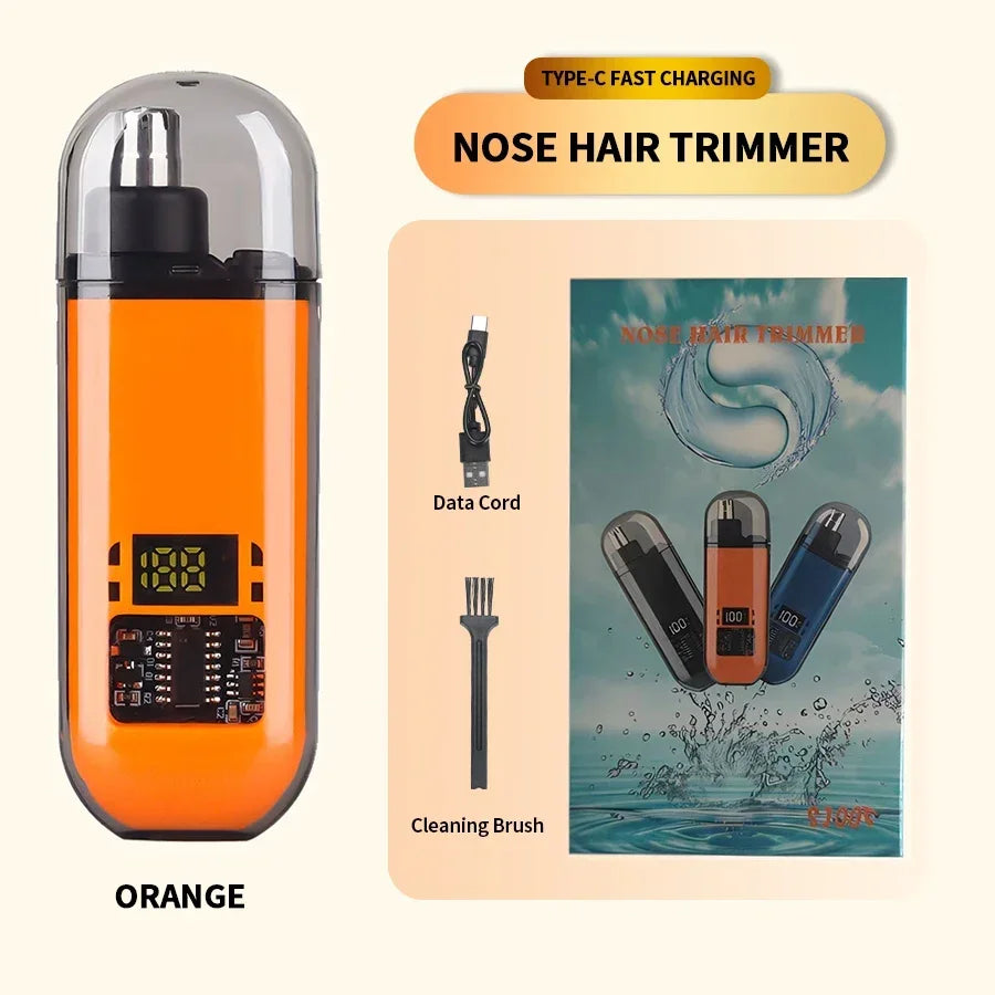 Orange 2-in-1 Electric Ear and Nose Hair Trimmer with type-C fast charging, data cord, and cleaning brush included