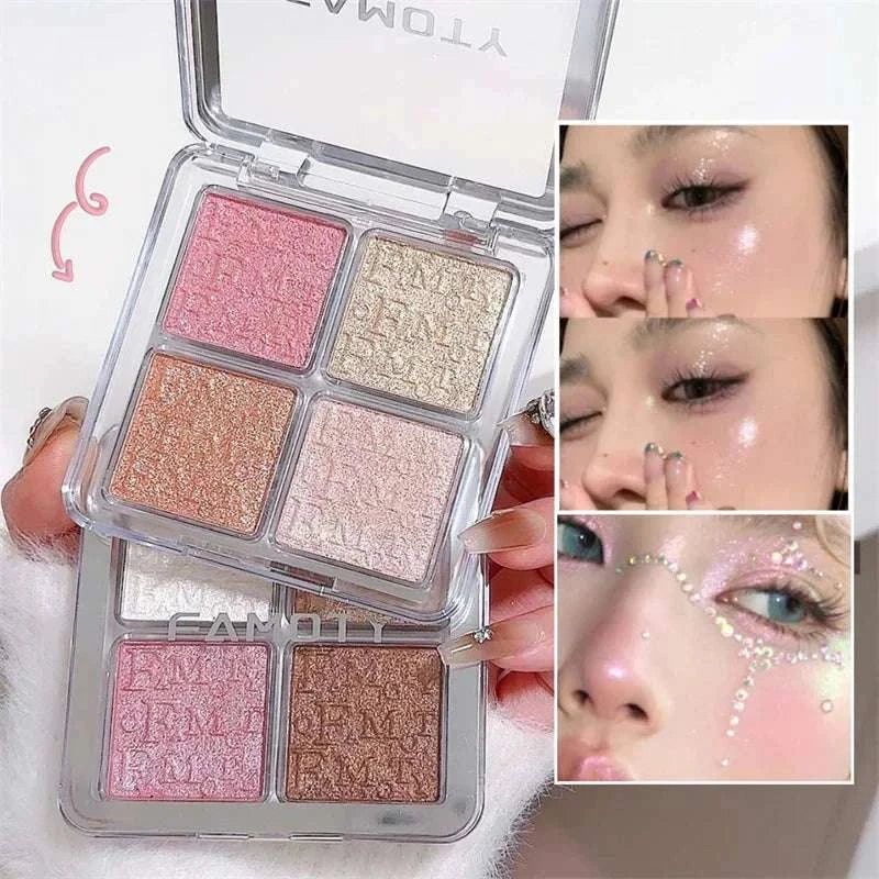 4 Colors Diamond Highlighter Powder Palette with shimmering pink, gold, bronze, and champagne shades for radiant glowing skin