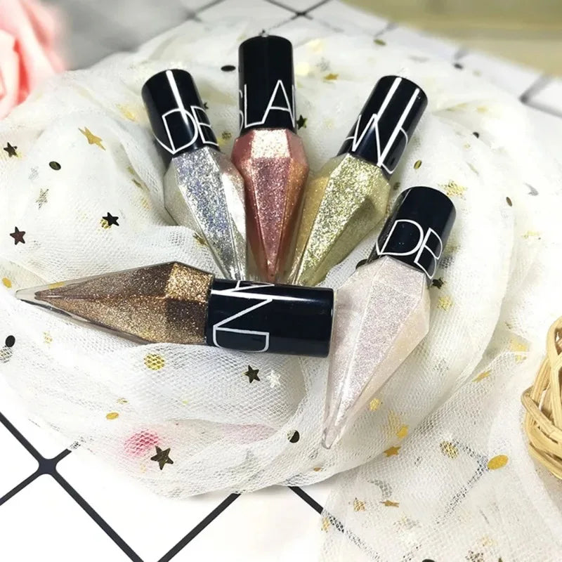 Diamond Shiny Eye Liners in silver, rose gold, and glitter shades with waterproof formula and precision tip