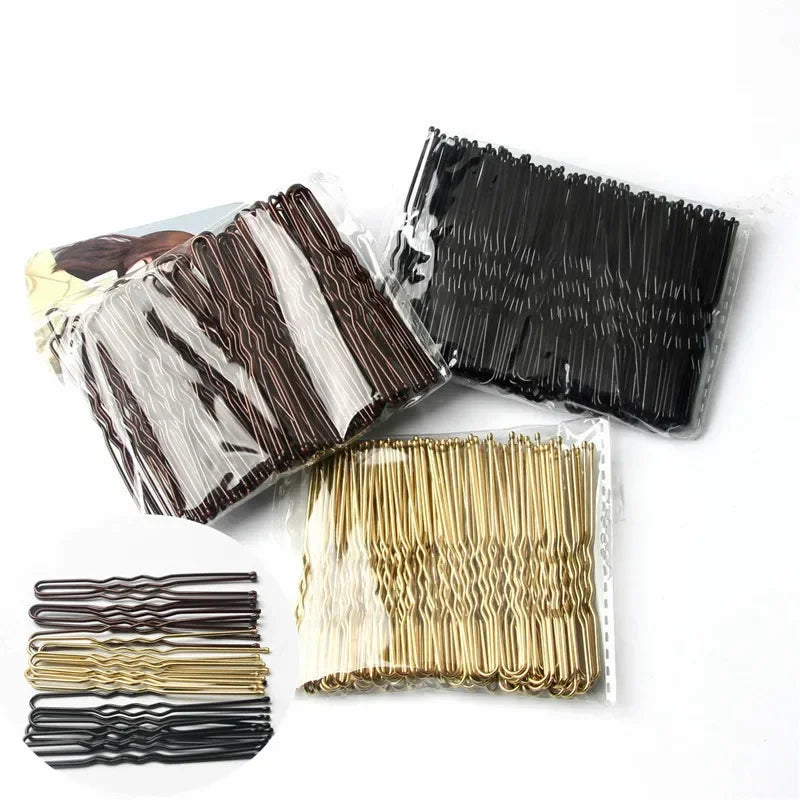50 pieces U-shaped metal hair pins in black, gold, and brown with waved grip for secure hold and styling.