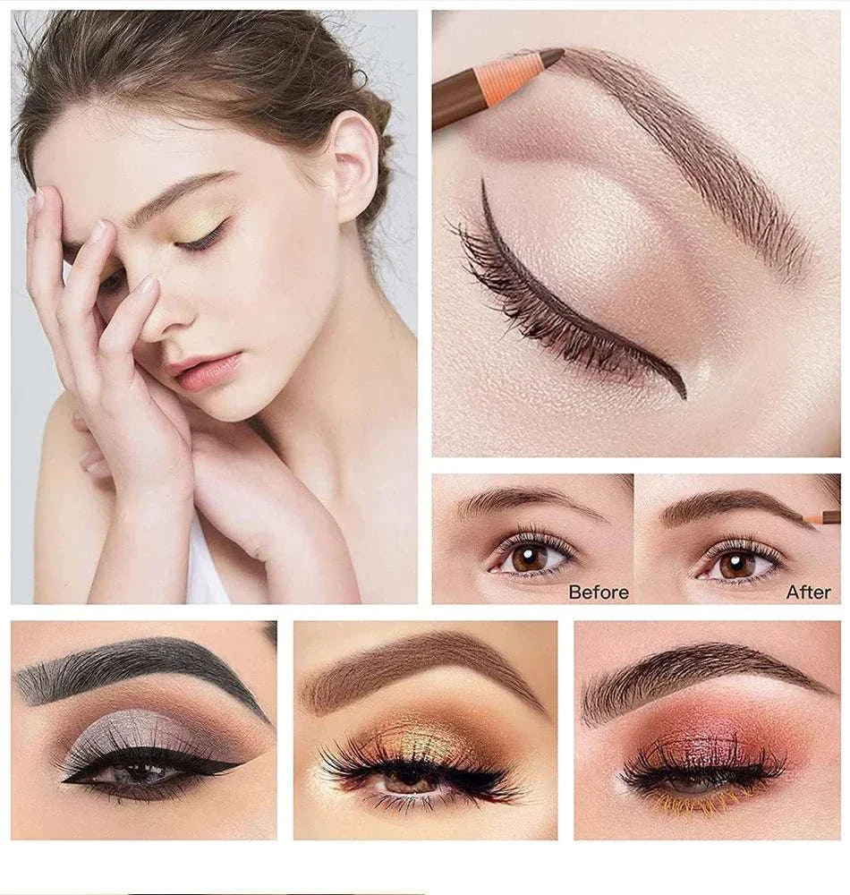 Eyebrow pencil and trimmer set with smooth-glide pencil, sharp blades, and before-after eyebrow transformation images
