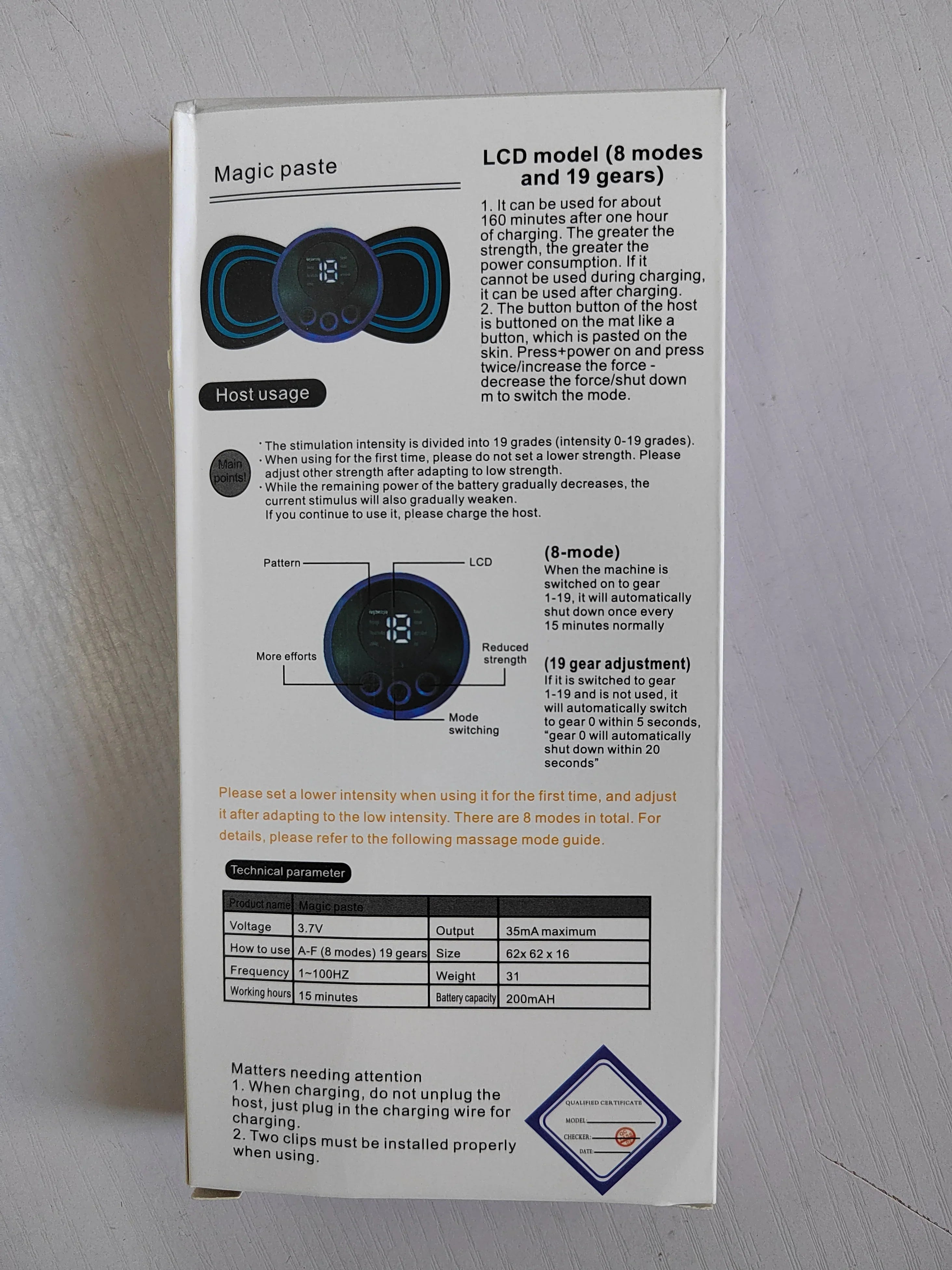 Mini Electric Neck Massager box showing LCD model features, heat usage, and specifications for portable neck pain relief device