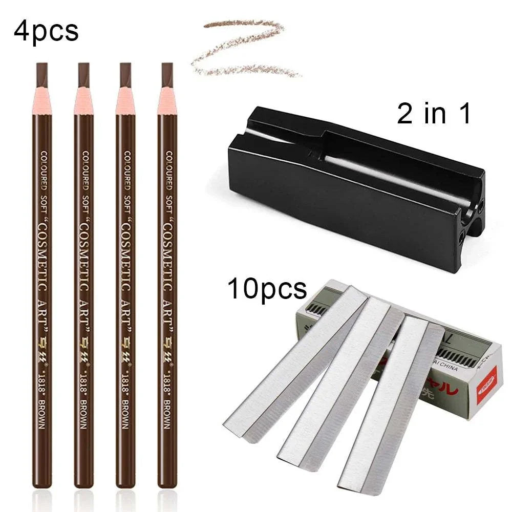 Eyebrow Pencil and Trimmer Set with 4 brown pencils, sharpener, and 10 precision trimmer blades for grooming and shaping brows.