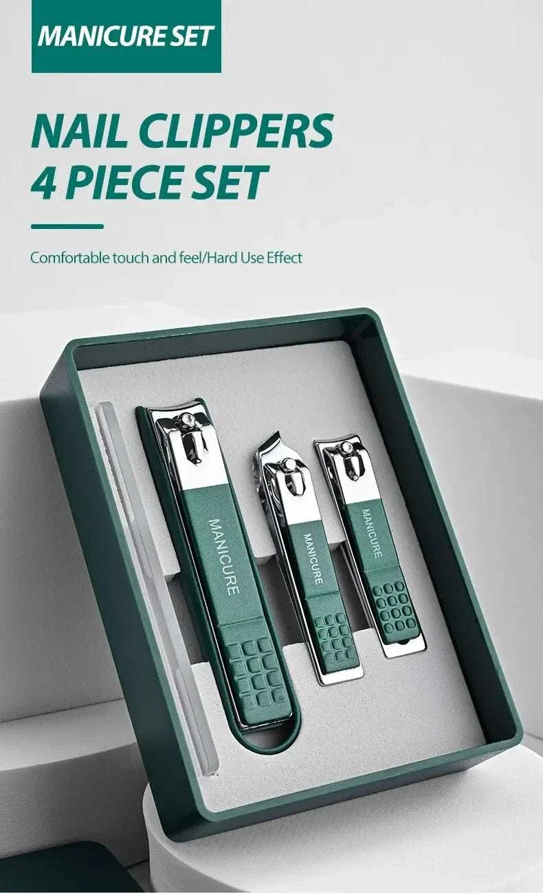 Nail clipper set with four high-grade stainless steel clippers in a sleek green box for precise manicure and pedicure use.