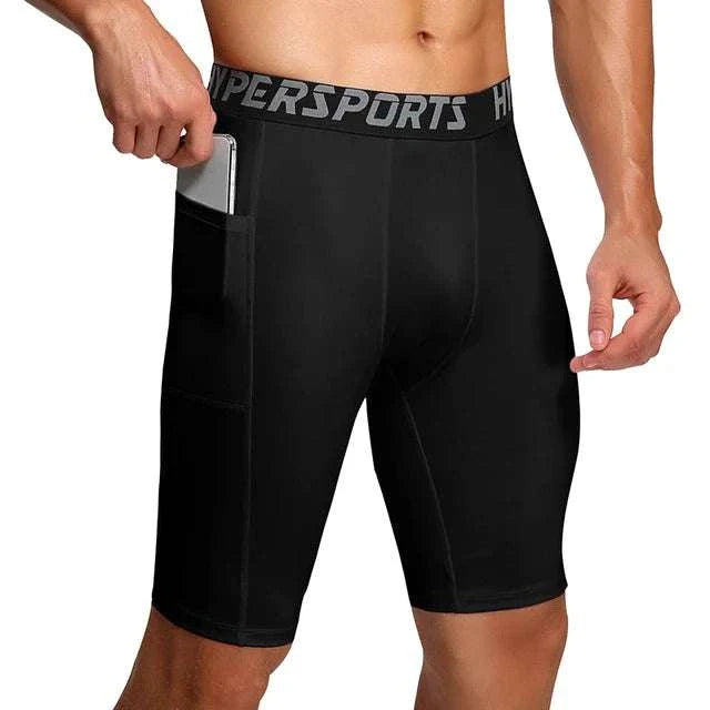 Men’s black compression shorts with side pocket, breathable and flexible for sports and training