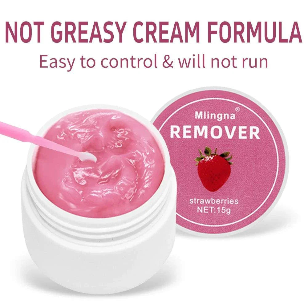 Pink creamy eyelash glue remover in a white 15g jar with strawberry label and applicator stick, non-greasy formula for safe and easy lash extension removal.