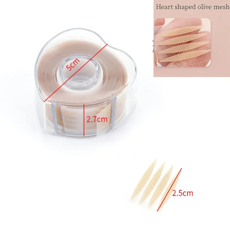 Heart shaped olive mesh eyeliner tape measuring 5cm by 2.7cm with 2.5cm strips for precise eye makeup application