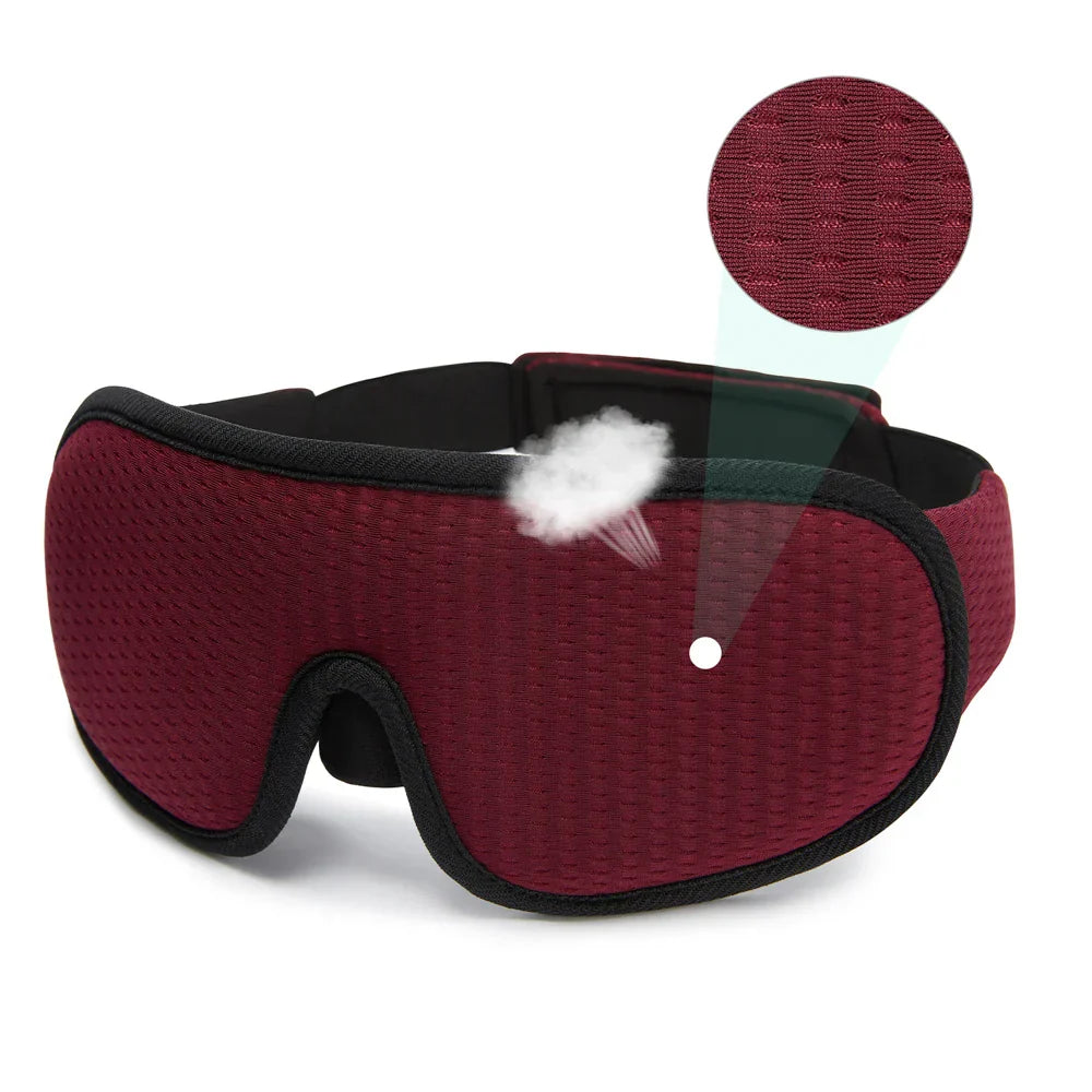 breathable soft 3D sleeping mask in maroon with ergonomic design and adjustable strap for total light blockout and travel use