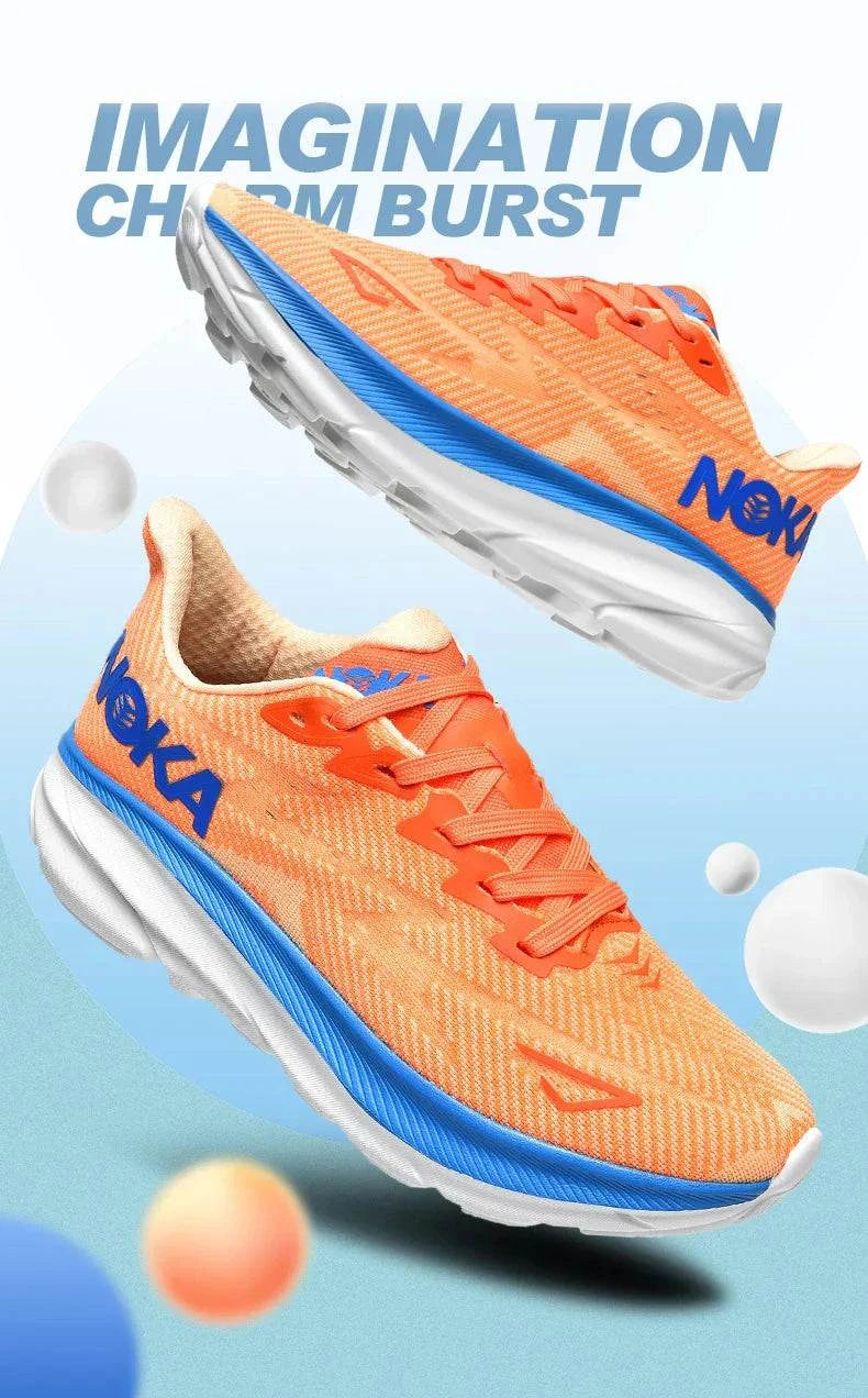 Orange and blue unisex Carbon Plate Air Cushion running shoes with lightweight mesh upper and durable rubber outsole for enhanced speed and shock absorption.