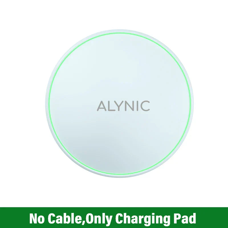 30W wireless charging pad with sleek round design and green LED indicator ring, compatible with MagSafe and Qi-enabled devices