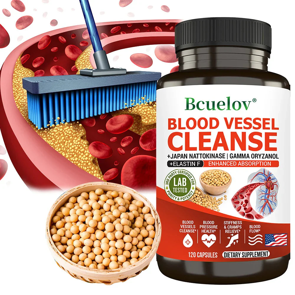 Bottle of Bcuelov Blood Vessel Cleanse vascular cleansing supplement with soybeans, red blood cells, and artery illustration.