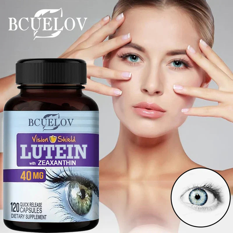 Bcuelov High Potency Lutein Capsules bottle with a close-up of a woman's face highlighting eye health and vision support.