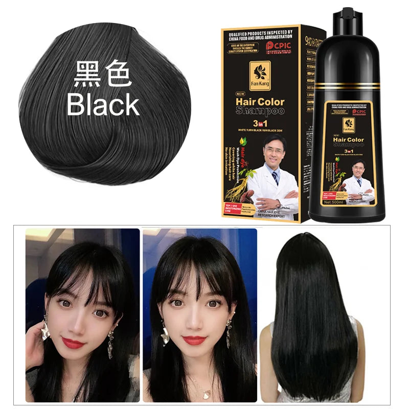 500ml Organic Permanent Hair Dye Shampoo black color packaging and effects on hair with model images