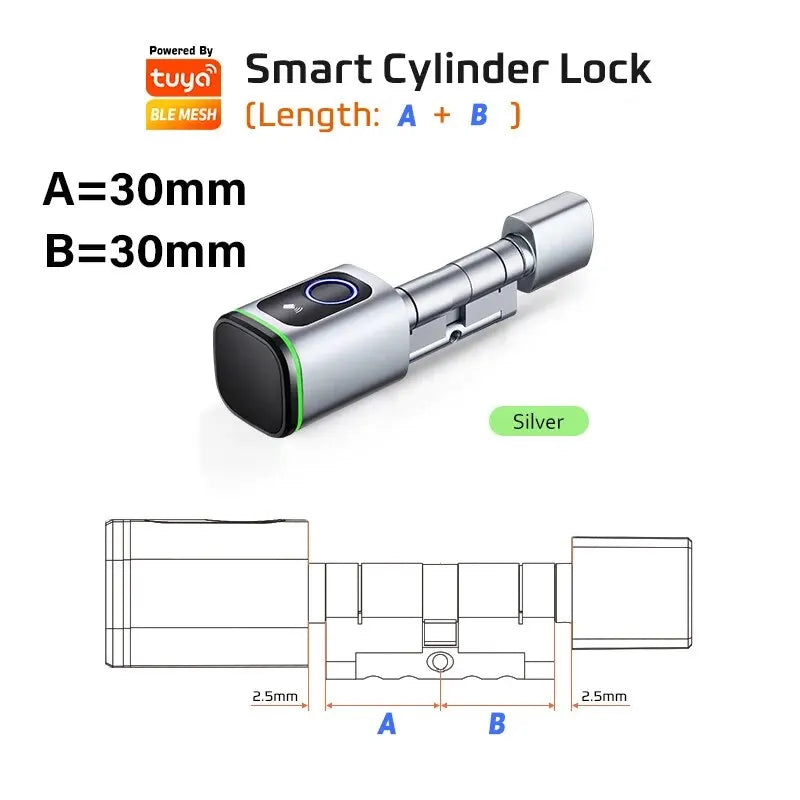 AYKUBE V1 Smart Cylinder Lock silver with fingerprint scanner, IC card, password, and Tuya BLE app control for keyless entry.