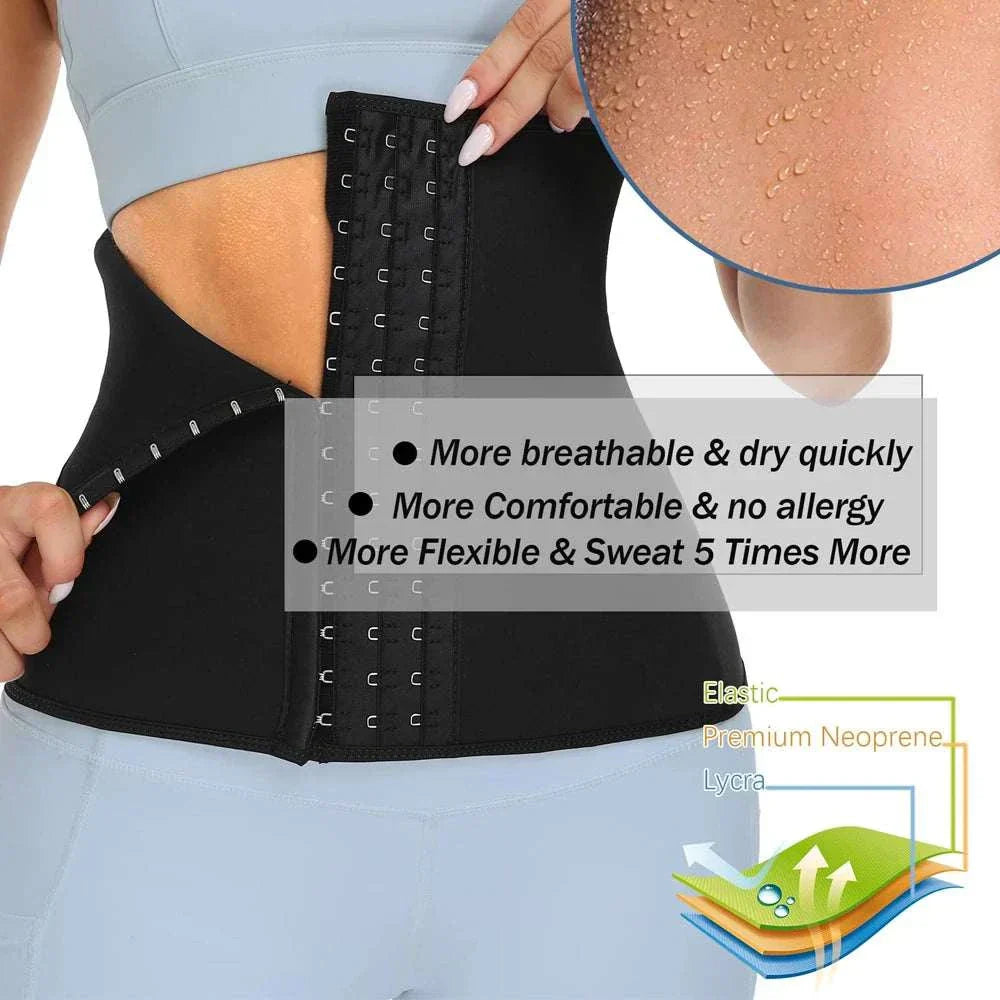 Breathable neoprene waist trainer belt with adjustable hooks, moisture-wicking and sweat-enhancing for core support and comfort during workouts