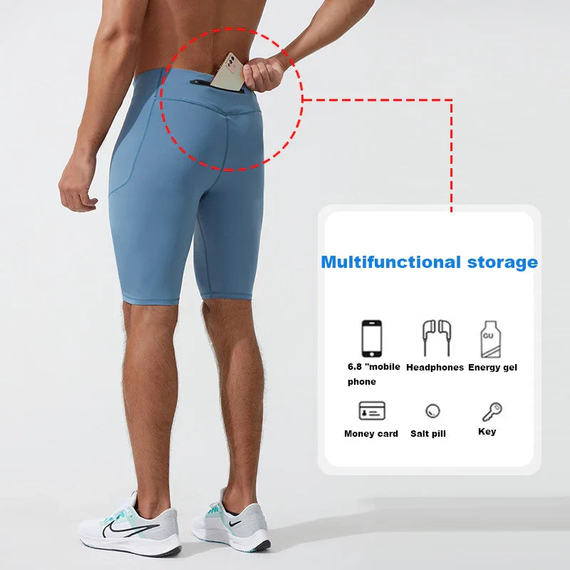 Men wearing blue compression shorts with back pocket for phone and athletic shoes