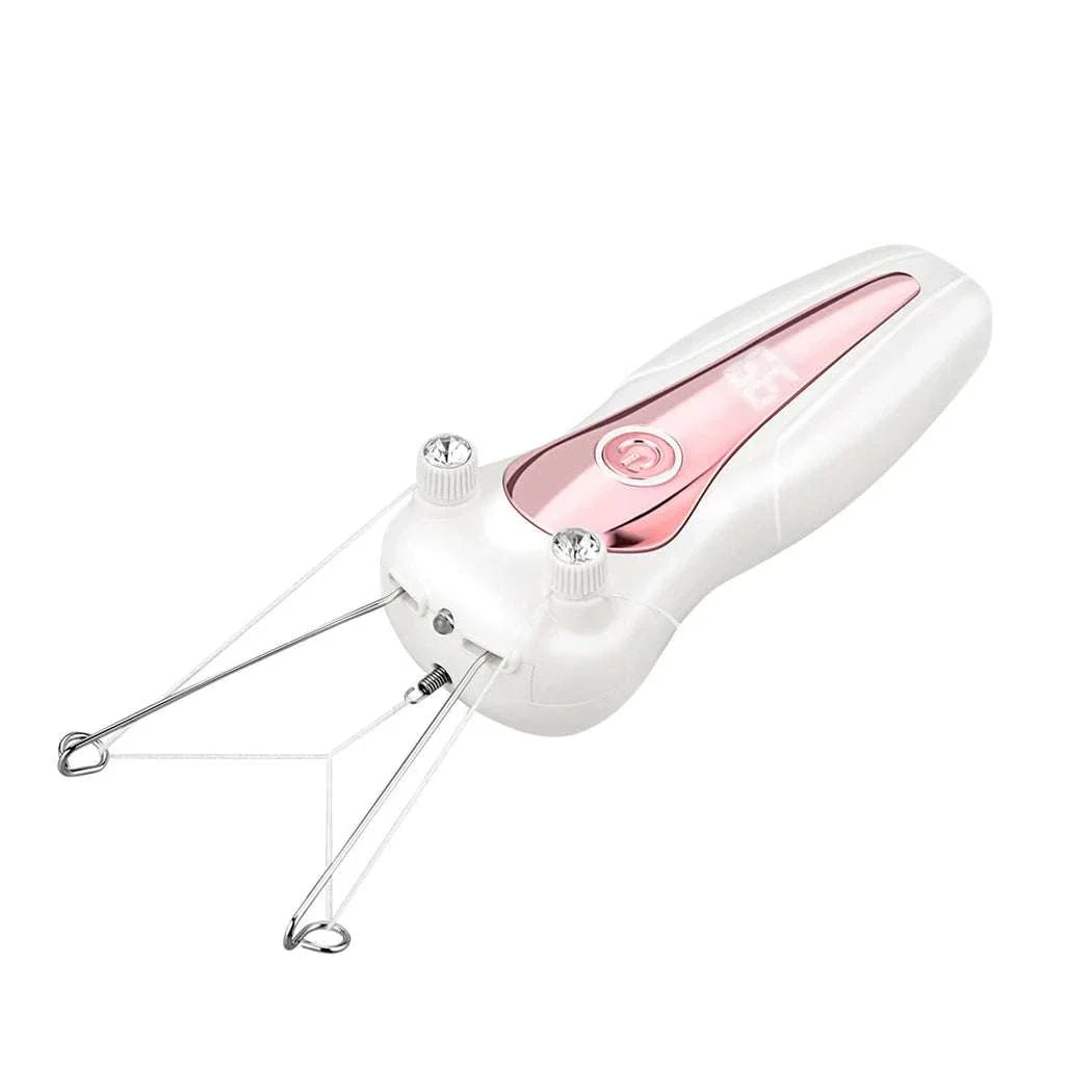 Electric body hair remover with cotton thread epilation technology and rechargeable cordless design for gentle hair removal on sensitive areas.