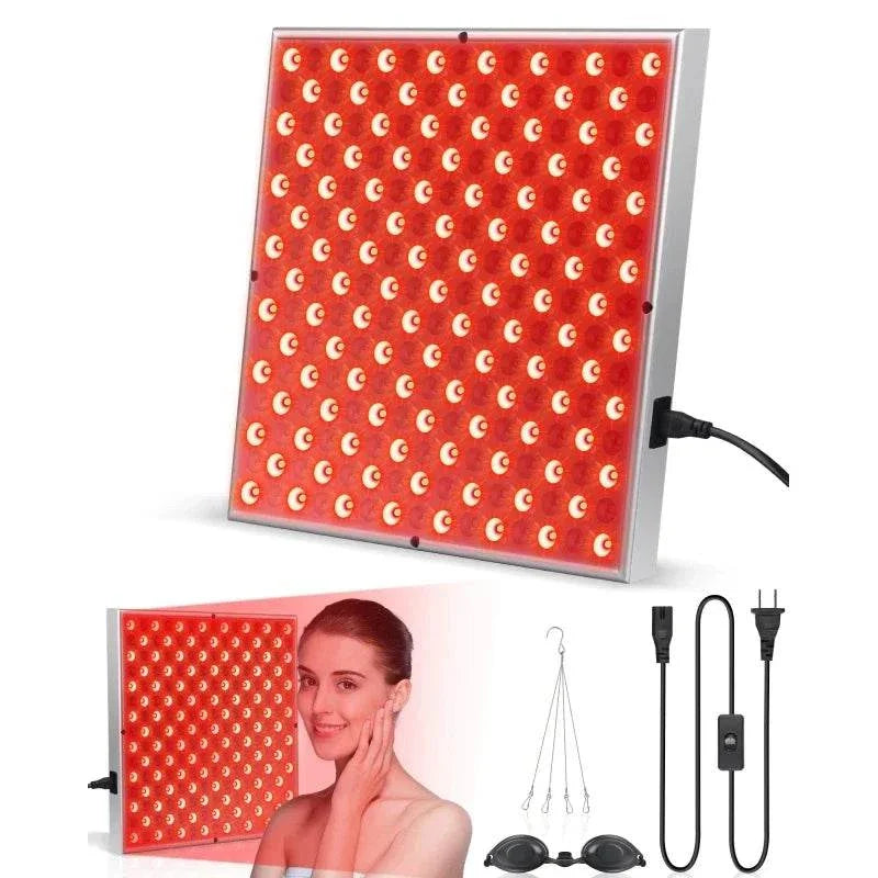 45W LED red light therapy panel with 225 LEDs for anti-aging, skin care, and pain relief, shown with power cord, hanging hooks, and protective goggles.