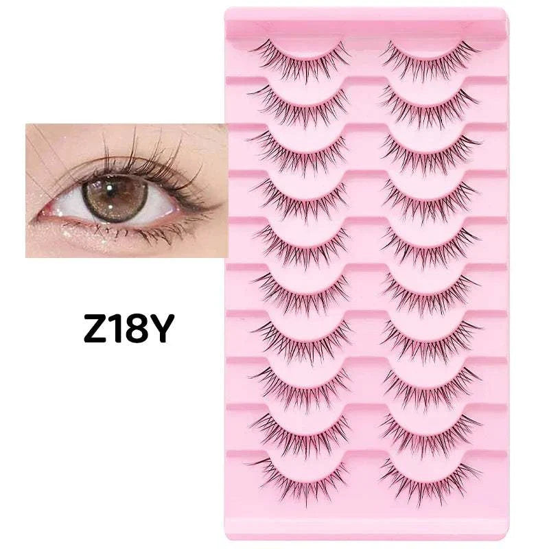 10 pairs of natural manga full strip lashes in pink tray with example eye close-up showing lightweight, voluminous anime-inspired false eyelashes