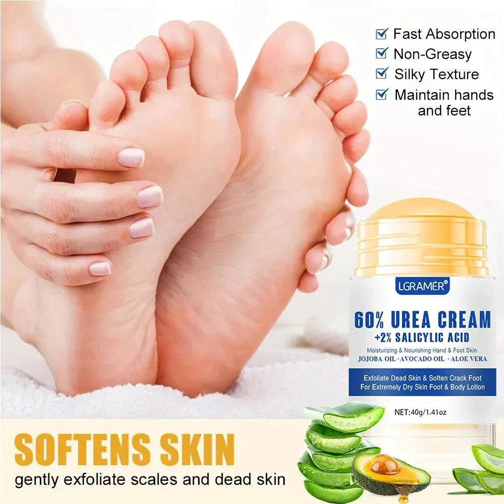 60g urea foot cream with salicylic acid, jojoba oil, avocado oil, and aloe vera, moisturizing and exfoliating dry, cracked feet for soft, smooth skin