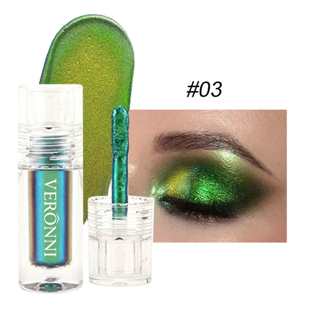 Chrome Shifting Chameleon Liquid Eyeshadow in vibrant green iridescent shade with high-shimmer, color-shifting finish displayed on eyelid and applicator.