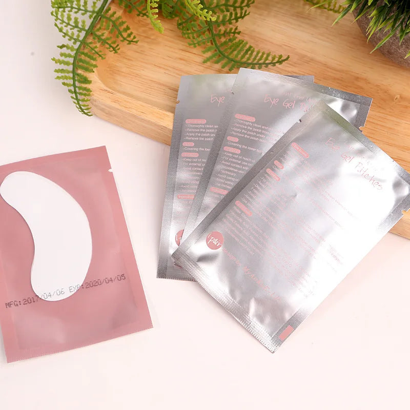 50 pairs hydrogel under eye patches in individual silver and pink packets for lash extension and eye care use