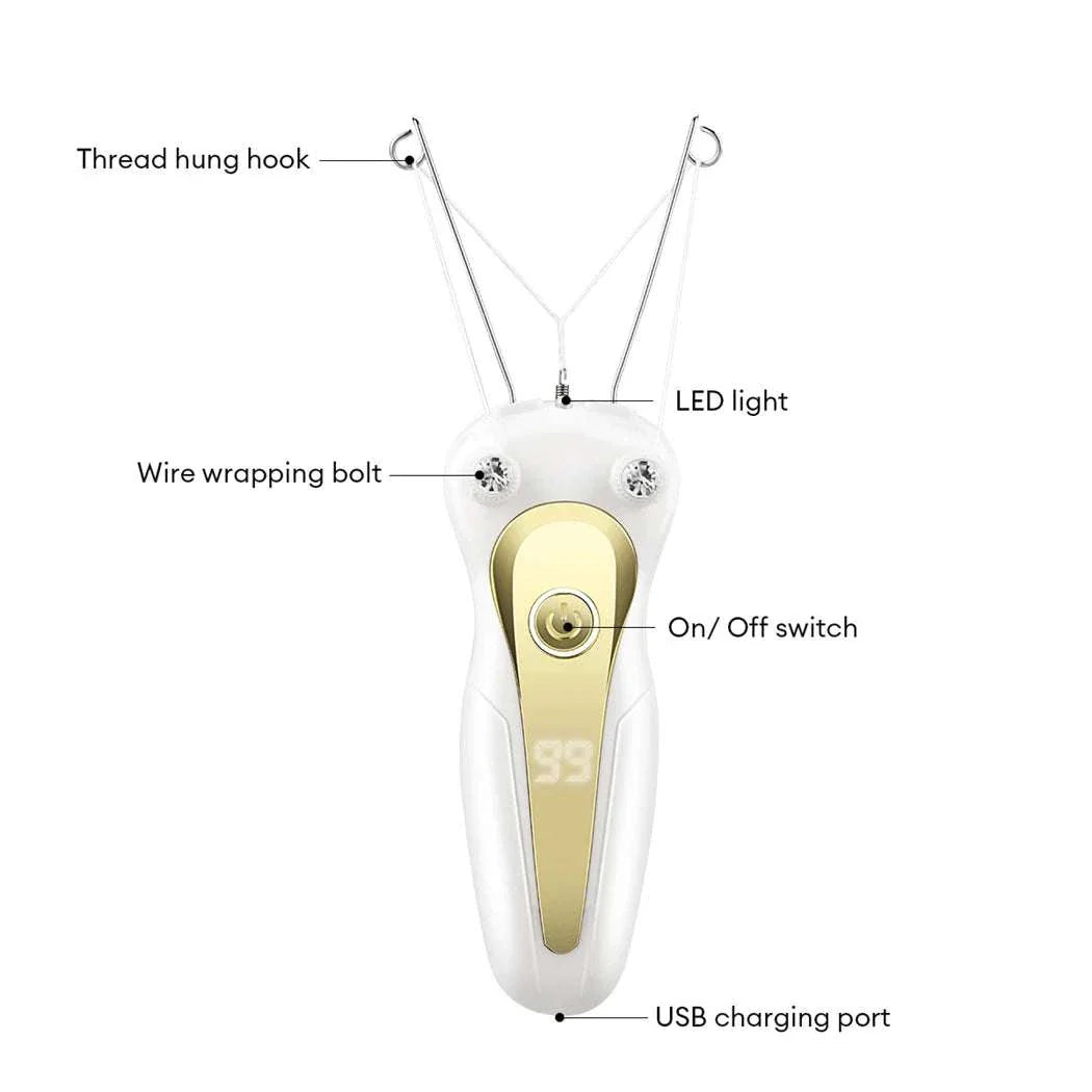 Electric Body Hair Remover with cotton thread epilation, LED light, rechargeable USB charging, and ergonomic design for gentle, cordless hair removal.