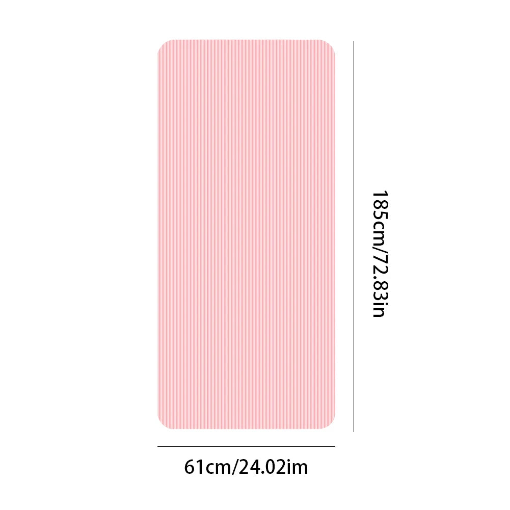 Non-slip yoga mat with thick cushioning, anti-tear and sweat-resistant surface, 185cm by 61cm size, pink color.