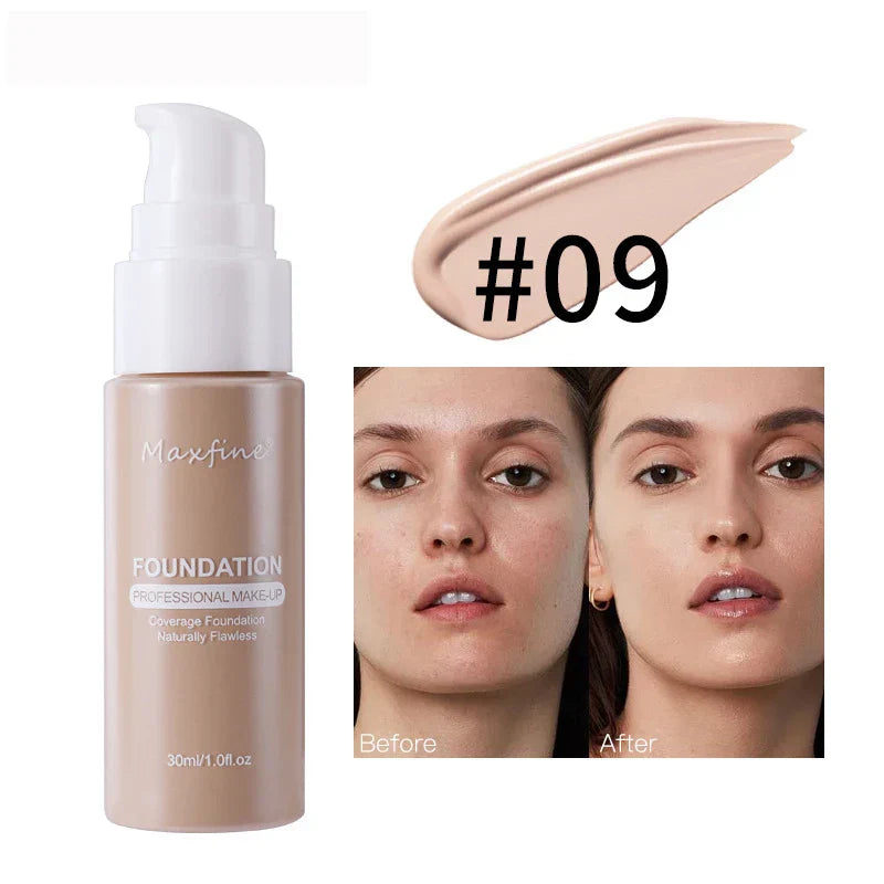 Liquid Foundation & Concealer bottle with shade #09 swatch and before after makeup coverage on woman's face.
