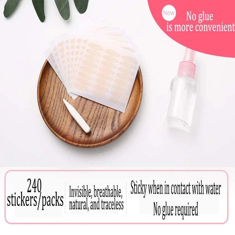 240PCS Invisible Eyelid Lifting Tape stickers on a wooden plate with applicator, no glue needed, transparent and breathable design for natural eyelid lift