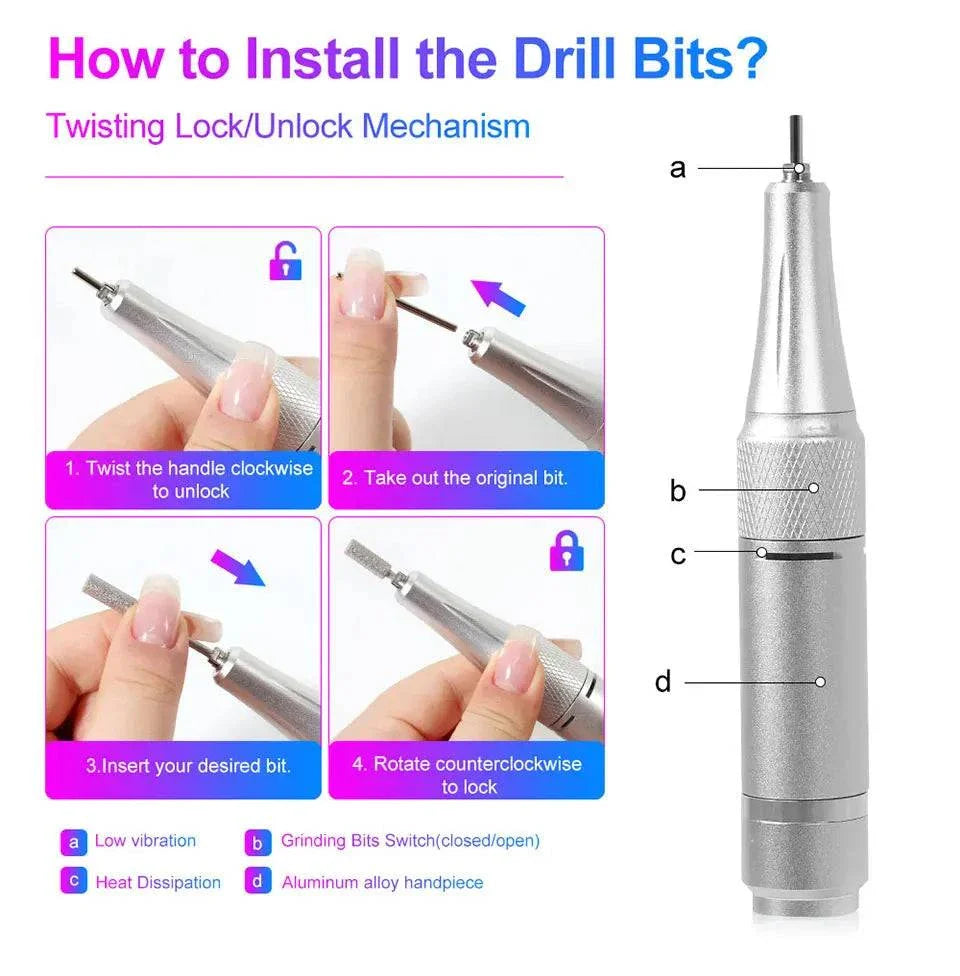 Rechargeable Nail Drill Machine with twisting lock/unlock mechanism, aluminum alloy handpiece, low vibration, grinding bits switch, and heat dissipation features.